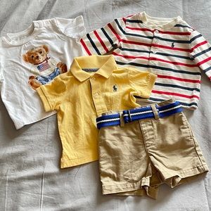 5 piece Ralph Lauren Baby Boy Bundle, 3 shirts, shorts, belt, yellow khaki bear